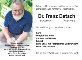 Traueranzeige von Franz Detsch von Südthüringer Presse