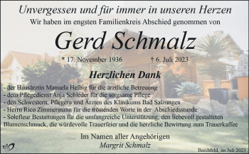 Traueranzeige von Gerd Schmalz von Südthüringer Presse