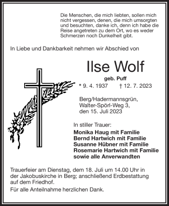 Traueranzeige von Ilse Wolf von Frankenpost
