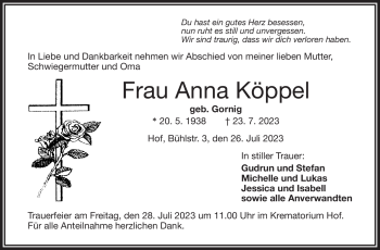 Traueranzeige von Anna Köppel von Frankenpost