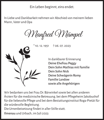 Traueranzeige von Manfred Mämpel von Südthüringer Presse