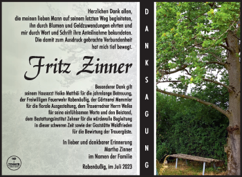 Traueranzeige von Fritz Zinner von Südthüringer Presse