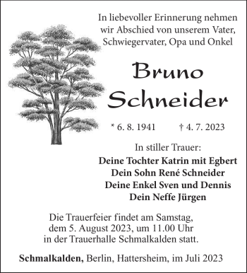 Traueranzeige von Bruno Schneider von Südthüringer Presse