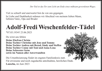 Traueranzeige von Adolf-Fredi Weschenfelder-Tädel von Südthüringer Presse