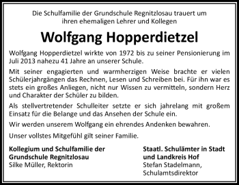 Traueranzeige von Wolfgang Hopperdietzel von Frankenpost