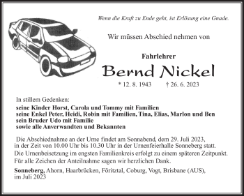 Traueranzeige von Bernd Nickel von Südthüringer Presse