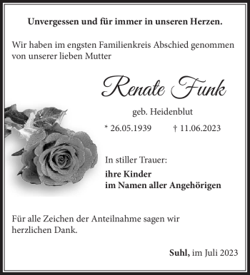 Traueranzeige von Renate Funk von Südthüringer Presse
