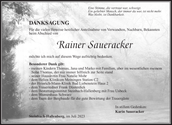 Traueranzeige von Rainer Saueracker von Südthüringer Presse