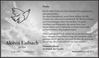 Traueranzeige von Aloisia Laibach von Südthüringer Presse