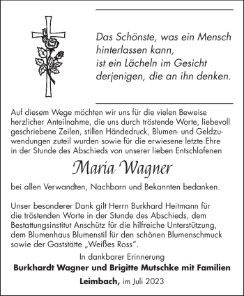 Traueranzeige von Maria Wagner von Südthüringer Presse