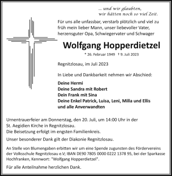 Traueranzeige von Wolfgang Hopperdietzel von Frankenpost