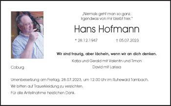 Traueranzeige von Hans Hofmann von Neue Presse Coburg