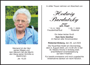 Traueranzeige von Hedwig Bardutzky von Neue Presse Coburg
