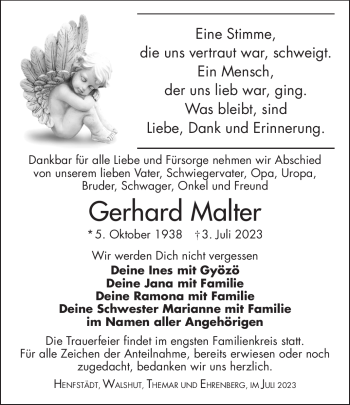 Traueranzeige von Gerhard Malter von Südthüringer Presse