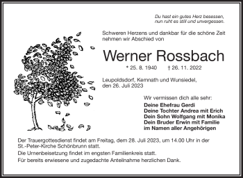 Traueranzeige von Werner Rossbach von Frankenpost