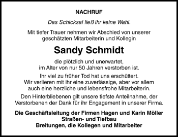 Traueranzeige von Sandy Schmidt von Südthüringer Presse