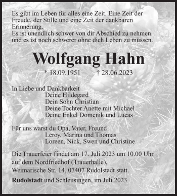 Traueranzeige von Wolfgang Hahn von Südthüringer Presse