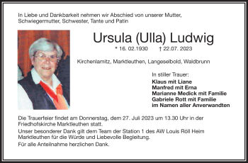 Traueranzeige von Ursula Ludwig von Frankenpost