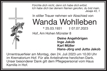 Traueranzeige von Wanda Wohlleben von Frankenpost
