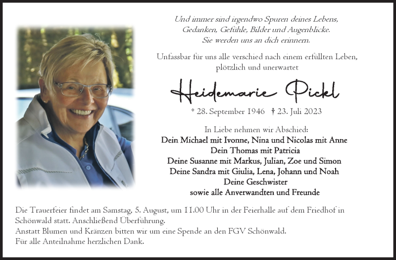  Traueranzeige für Heidemarie Pickl vom 29.07.2023 aus Frankenpost