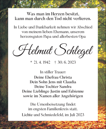 Traueranzeige von Helmut Schlegel von Südthüringer Presse