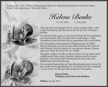 Traueranzeige von Helene Benke von Südthüringer Presse