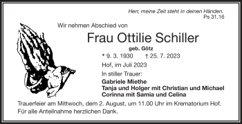 Traueranzeige von Ottilie Schiller von Frankenpost