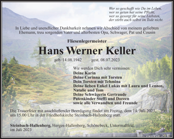 Traueranzeige von Hans Keller von Südthüringer Presse