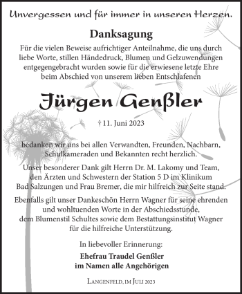 Traueranzeige von Jürgen Genßler von Südthüringer Presse