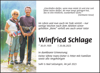 Traueranzeige von Winfried Schlage von Südthüringer Presse