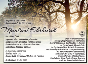 Traueranzeige von Manfred Ehrhardt von Südthüringer Presse