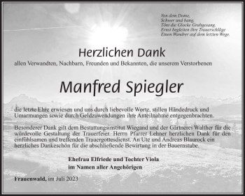 Traueranzeige von Manfred Spiegler von Südthüringer Presse