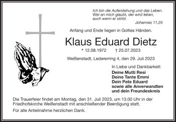 Traueranzeige von Klaus Eduard Dietz von Frankenpost