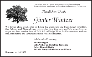 Traueranzeige von Günter Wintzer von Südthüringer Presse