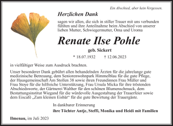 Traueranzeige von Renate Ilse Pohle von Südthüringer Presse