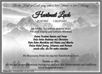 Traueranzeige von THartmut Luck von Südthüringer Presse