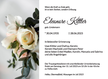 Traueranzeige von Eleonore Kittler von Südthüringer Presse