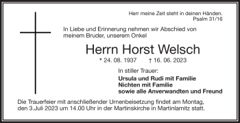 Traueranzeige von Horst Welsch von Frankenpost