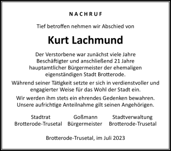 Traueranzeige von Kurt Lachmund von Südthüringer Presse