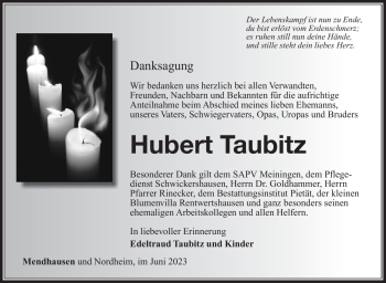 Traueranzeige von Hubert Taubitz von Südthüringer Presse