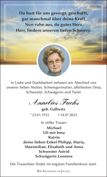 Traueranzeige von Annelies Fuchs von Südthüringer Presse