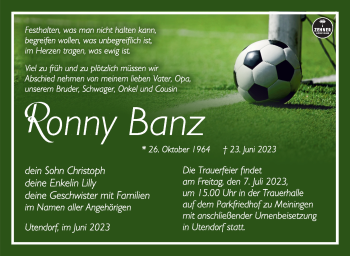 Traueranzeige von Ronny Banz von Südthüringer Presse