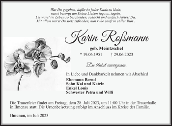 Traueranzeige von Karin Roßmann von Südthüringer Presse
