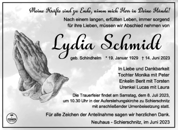 Traueranzeige von Lydia Schmidt von Südthüringer Presse