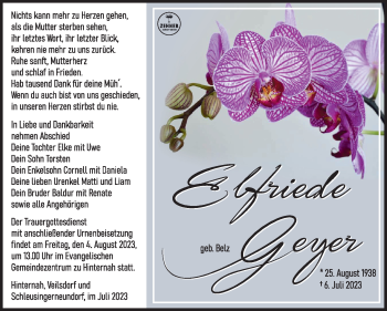Traueranzeige von Elfriede Geyer von Südthüringer Presse