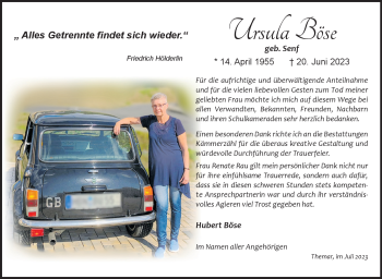 Traueranzeige von Ursula Böse von Südthüringer Presse