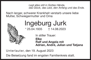 Traueranzeige von Ingeburg Jurk von Neue Presse Coburg