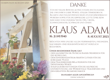 Traueranzeige von Klaus Adam von Südthüringer Presse