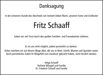 Traueranzeige von Fritz Schaaff von Neue Presse Coburg