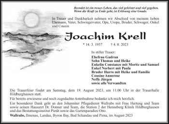 Traueranzeige von Joachim Krell von Südthüringer Presse